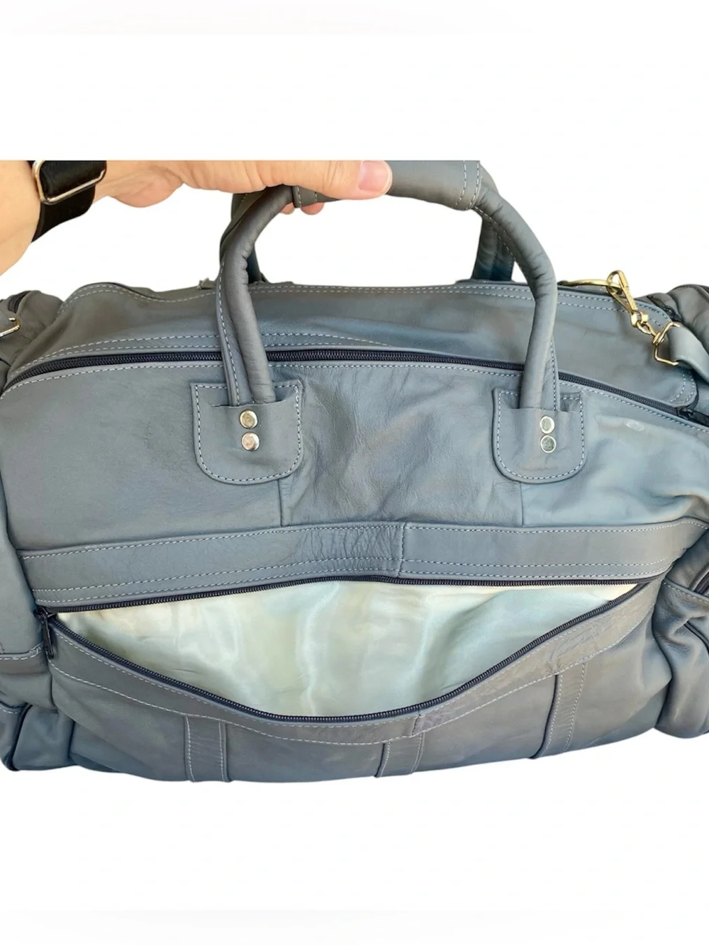 Vintage Leather Duffel Carryall Weekender Bag Gray